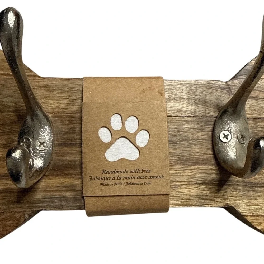 Dog Bone Wood‎ Wall Hook Rack Leash Holder Hat Coat key Silver Double Hooks Rack